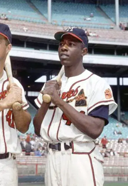 HANK AARON Milwaukee Braves 1957 Home Majestic Throwback Baseball Jersey 