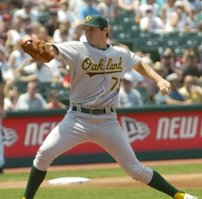BARRY ZITO Oakland Athletics 2002 Away Majestic Throwback Baseball Jersey 