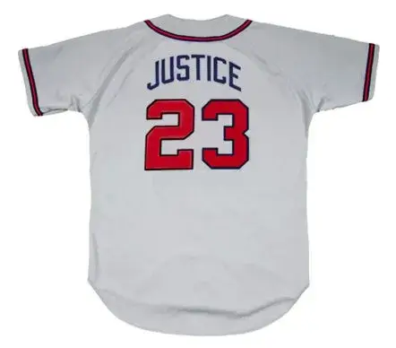 DAVID JUSTICE Atlanta Braves 1995 Away Majestic Throwback Baseball Jersey 