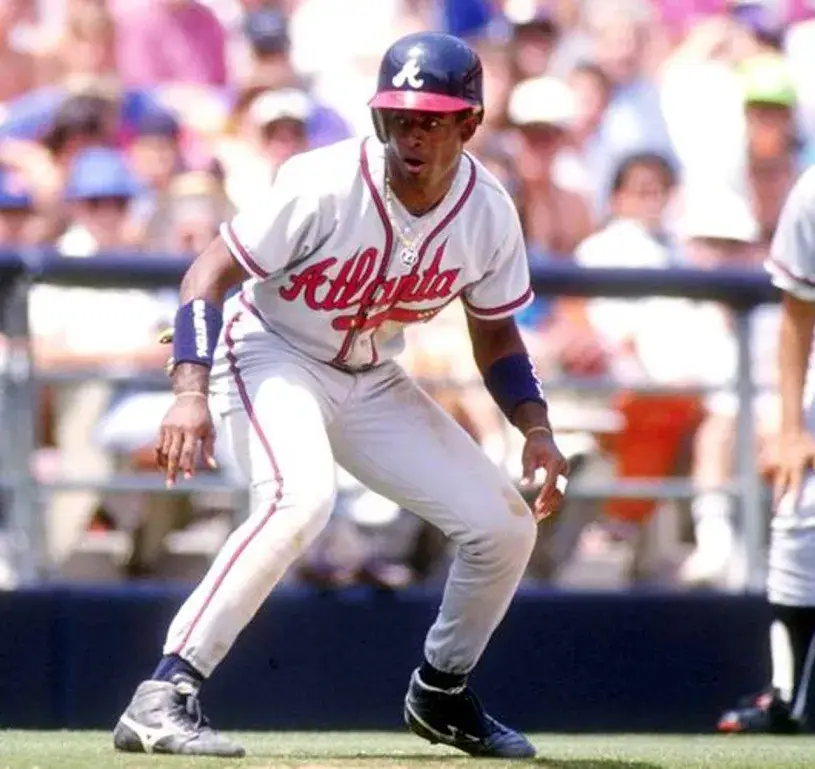 DEION SANDERS Atlanta Braves 1992 Away Majestic Throwback Baseball Jersey 