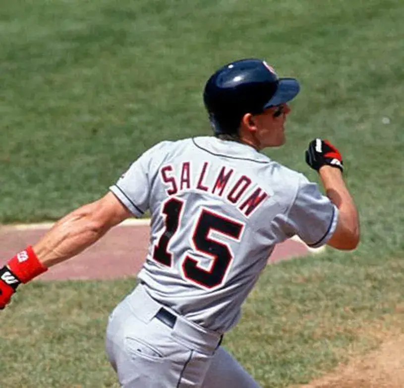 TIM SALMON California Angels 1996 Majestic Throwback Away Baseball Jersey 