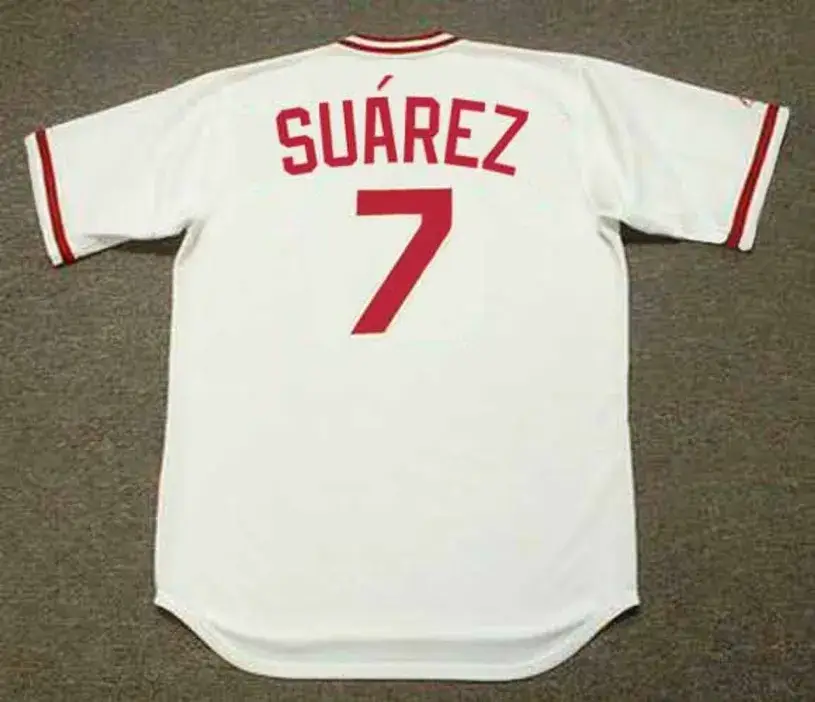 EUGENIO SUAREZ Cincinnati Reds 1975 Home Majestic Baseball Throwback Jersey 