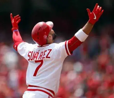 EUGENIO SUAREZ Cincinnati Reds 1975 Home Majestic Baseball Throwback Jersey 