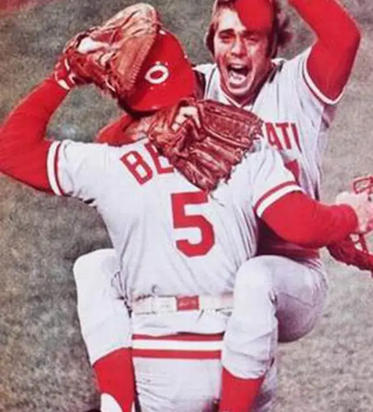 JOHNNY BENCH Cincinnati Reds 1975 Majestic Cooperstown Away Baseball Jersey 