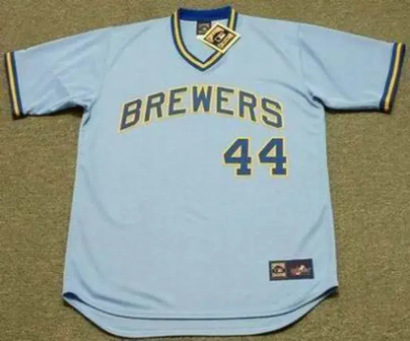 HANK AARON Milwaukee Brewers 1975 Majestic Cooperstown Throwback Away Jersey