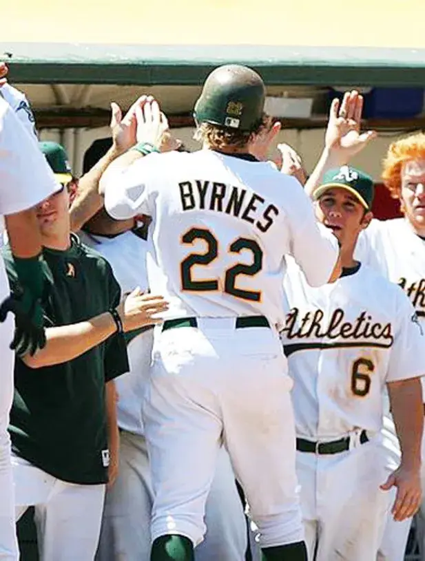 ERIC BYRNES Oakland Athletics 2002 Home Majestic Baseball Throwback Jersey 