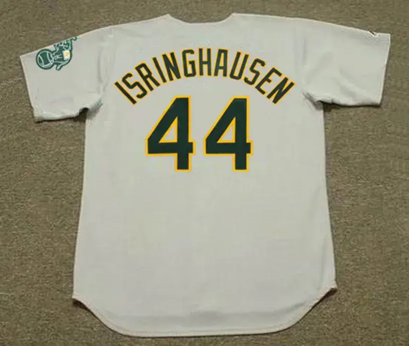 JASON ISRINGHAUSEN Oakland Athletics 2001 Away Majestic Throwback Baseball Jersey 
