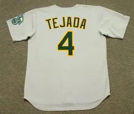 MIGUEL TEJADA Oakland Athletics 2002 Away Majestic Throwback Baseball Jersey