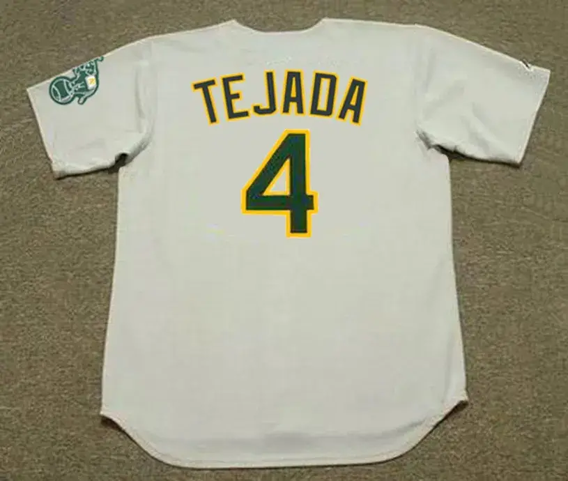 MIGUEL TEJADA Oakland Athletics 2002 Away Majestic Throwback Baseball Jersey