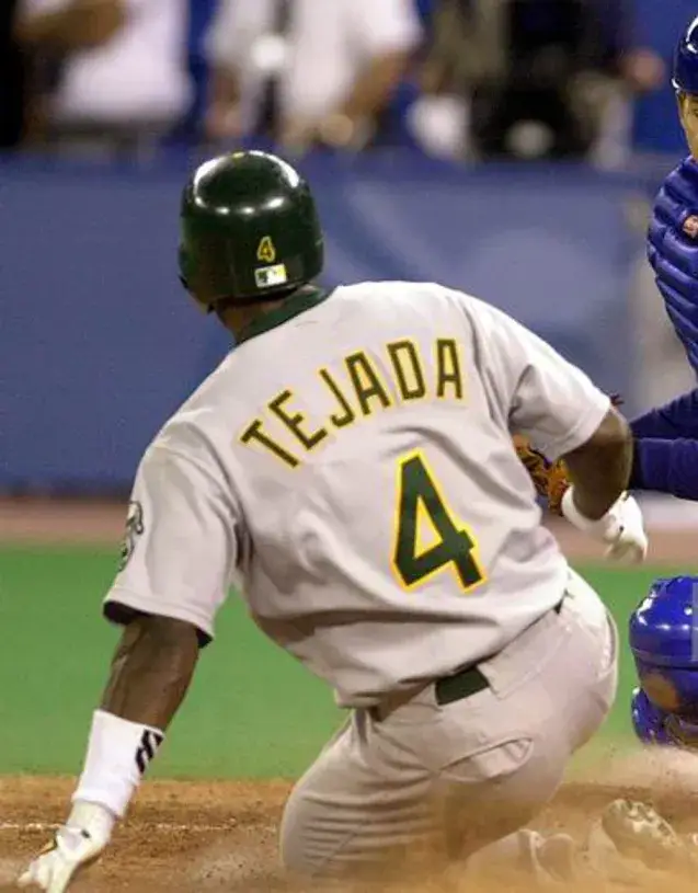MIGUEL TEJADA Oakland Athletics 2002 Away Majestic Throwback Baseball Jersey 