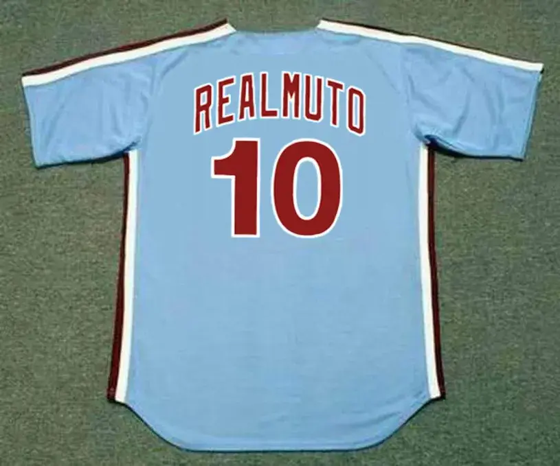 J.T. REALMUTO Philadelphia Phillies 1980’s Majestic Throwback Away Baseball Jersey 