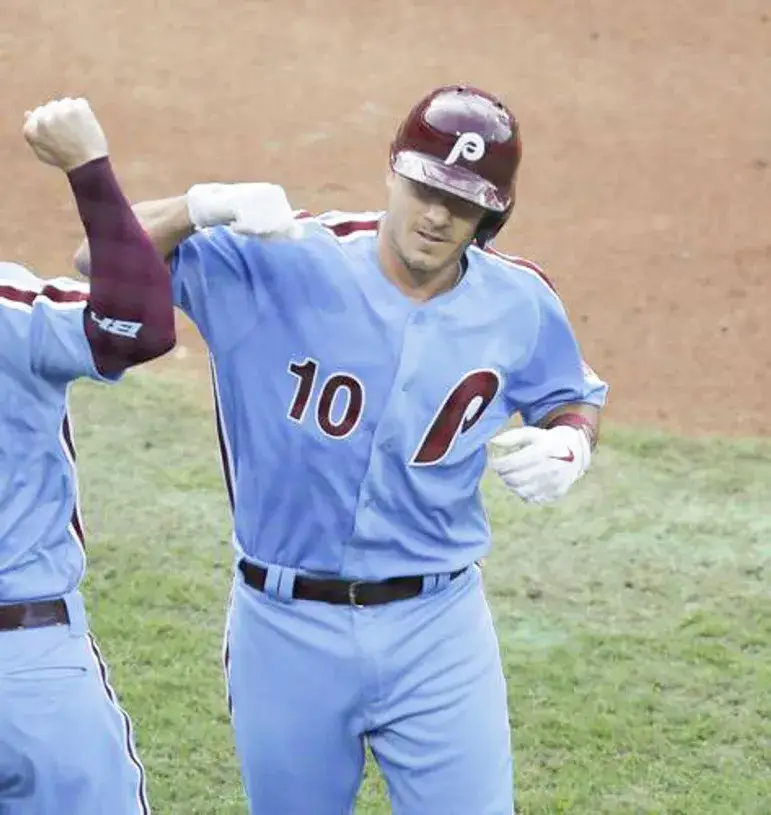 J.T. REALMUTO Philadelphia Phillies 1980’s Majestic Throwback Away Baseball Jersey 