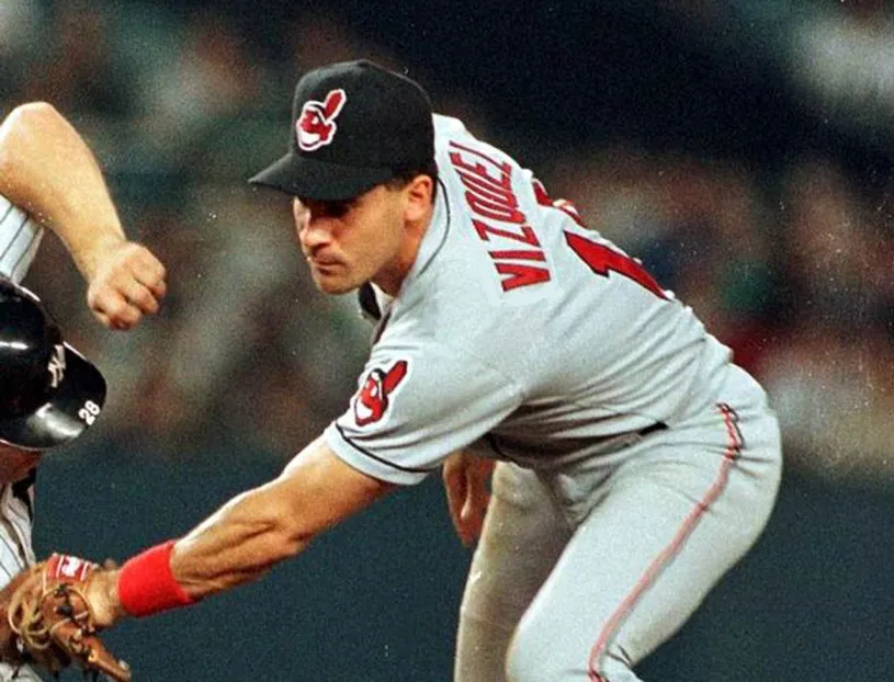 OMAR VIZQUEL Cleveland Indians 1997 Majestic Throwback Away Baseball Jersey 