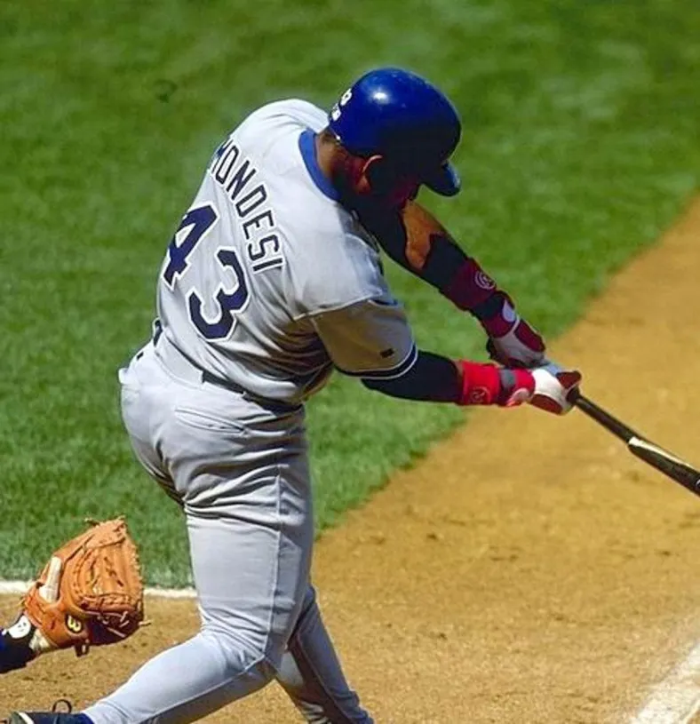 RAUL MONDESI Los Angeles Dodgers 1997 Away Majestic Baseball Throwback Jersey 