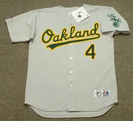 MIGUEL TEJADA Oakland Athletics 2002 Away Majestic Throwback Baseball Jersey 
