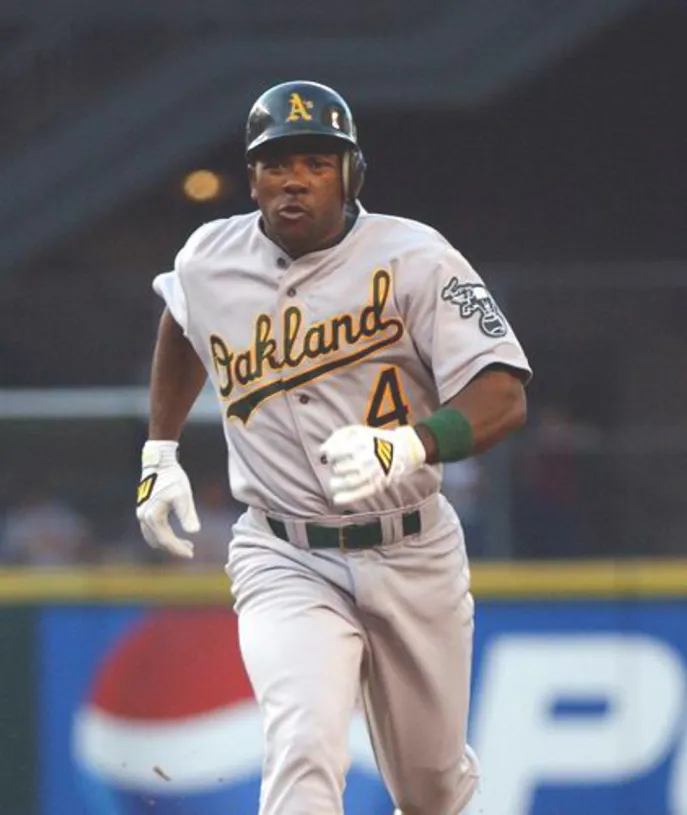 MIGUEL TEJADA Oakland Athletics 2002 Away Majestic Throwback Baseball Jersey 