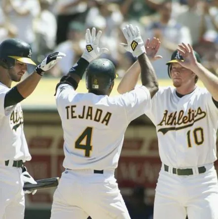 MIGUEL TEJADA Oakland Athletics 2002 Home Majestic Baseball Throwback Jersey 