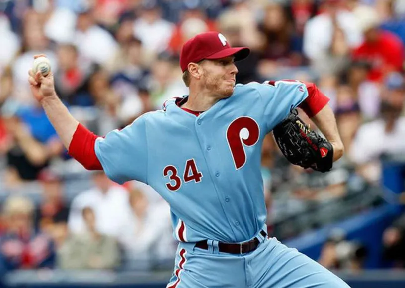 ROY HALLADAY Philadelphia Phillies 1980’s Away Majestic Throwback Baseball Jersey 