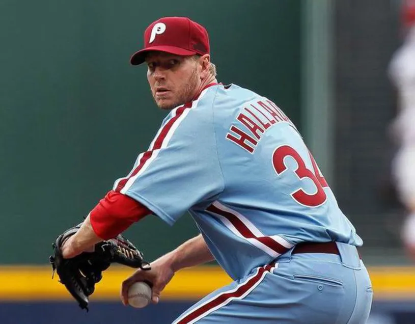 ROY HALLADAY Philadelphia Phillies 1980’s Away Majestic Throwback Baseball Jersey 